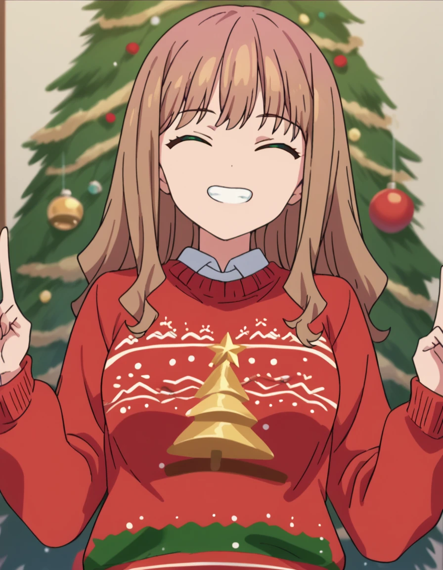 score_9, score_8_up, score_7_up, source_anime, <lora:yume-minami-s1-ponyxl-lora-nochekaiser:1>, yume minami, long hair, brown hair, green eyes, bangs, medium breasts, anime screencap,, <lora:christmas-sweater-ponyxl-lora-nochekaiser:1>, christmas sweater, christmas, ugly sweater, print sweater, red sweater, christmas tree, christmas ornaments, sweater, multicolored sweater, , v, smile, hands up, teeth, closed eyes, cowboy shot,, , dutch angle, cowboy shot