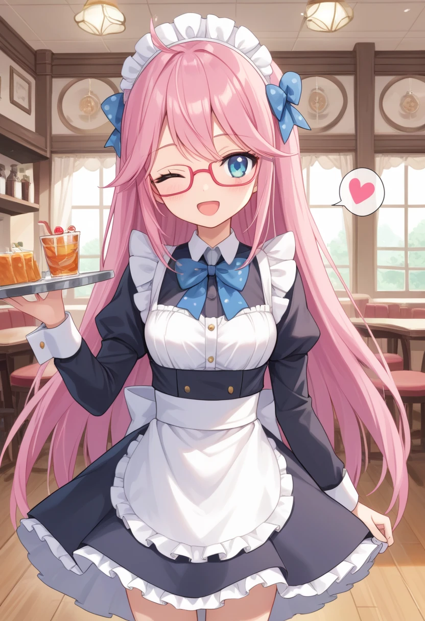 score_9, score_8_up, score_7_up, score_6_up, score_5_up, BREAK
humanluna, 1girl, solo, skirt, red-framed eyewear, long hair, blue eyes, pink hair, cafe, tray, maid headdress, maid outfit, one eye closed, spoken heart, polka dot bow, happy