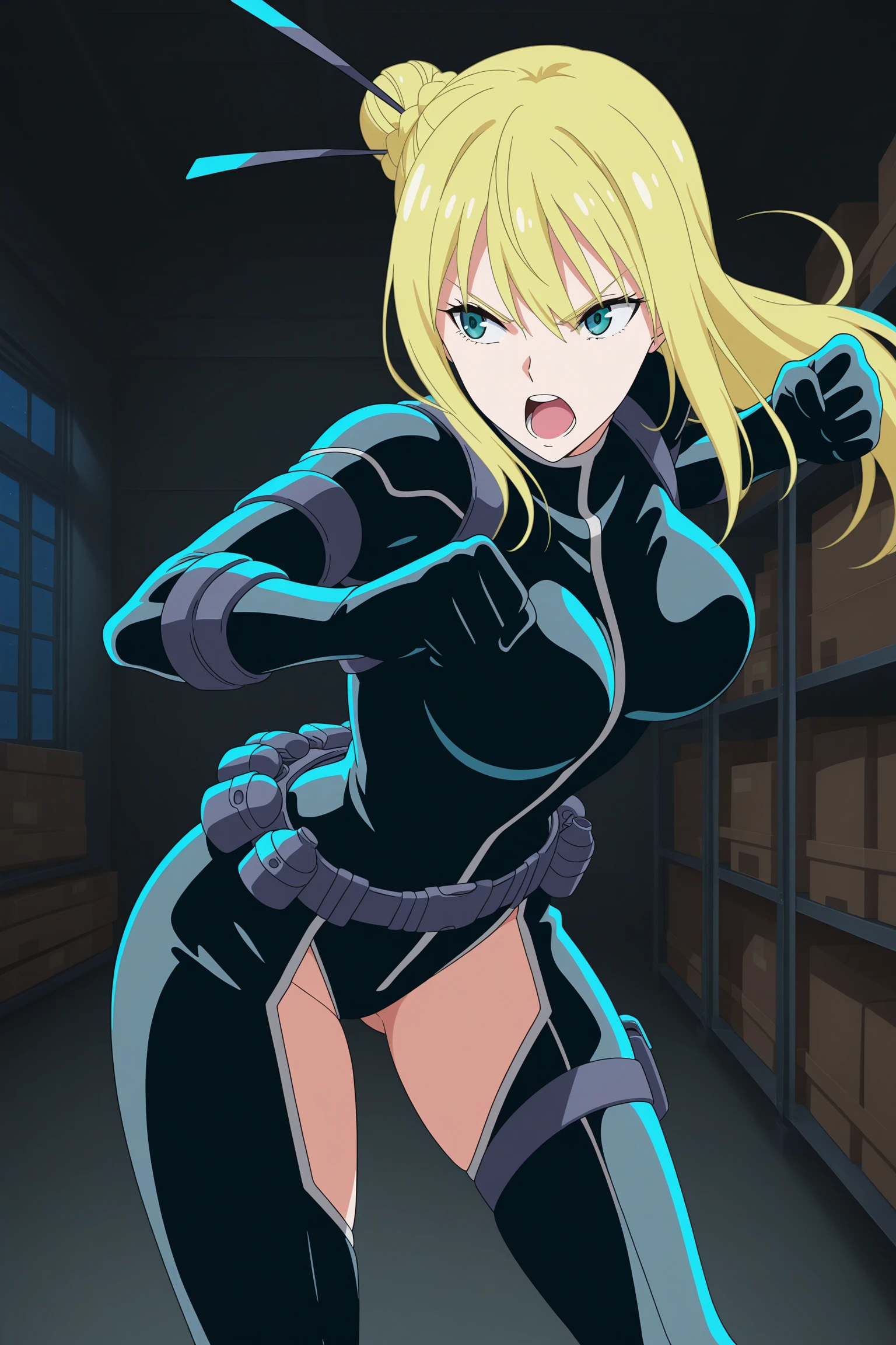 masterpiece, best quality, amazing quality, highres, absurdres, very aesthetic, high resolution, ultra detailed, perfect details, 1girl, solo, indoors, warehouse, night, medium breasts, nancy lee, blonde hair, long hair, hair ornament, single hair bun, braided bun, green eyes, bodysuit, utility belt, thigh cutout, ass cutout, high heels, <lora:Nancy_Lee_ILXL:0.8>, (feet out of frame:1.5), looking to the side, angry, anime screencap, open mouth, (pose:1.5), (punching:1.5)