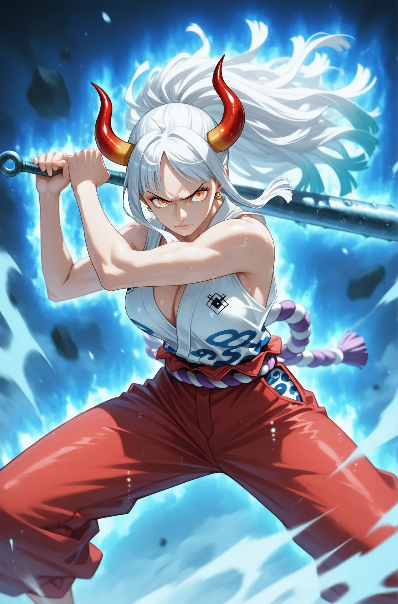 masterpiece, best quality, 2.5D, 
 <lora:Ultra Instinct [IL]:1.5> ultra_instinct, white and blue aura,  floating hair, silver hair, fight stance,
1girl solo, yamato_(one_piece), one_piece, 1girl, white_hair, orange_eyes, rope, red trousers,fists,  red horns,  holding weapon, metal bat,  <lora:Fighting stance [IL]:0.5> fighting_stance, fighting stance