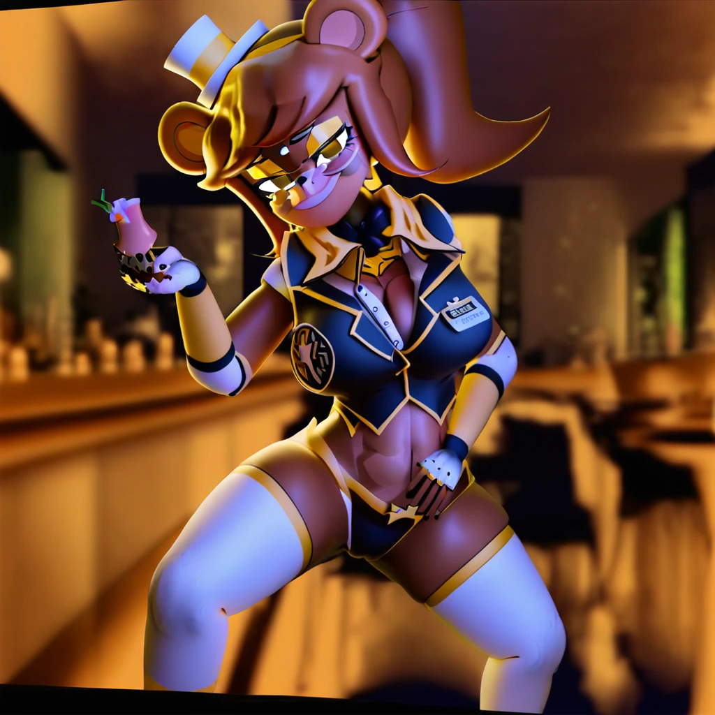 (no hat), eye liner, makeup, 1girl, (subtle blush), Digital art style, (wide shot, detail background:1.23), FrenniFazclaire extending a hand to the viewer, POV, bar setting, toned waist, large breasts, huge ass, wide hips, thick thighs, symmetrical eyes, (fair skin, gleaming skin), (facing forward),