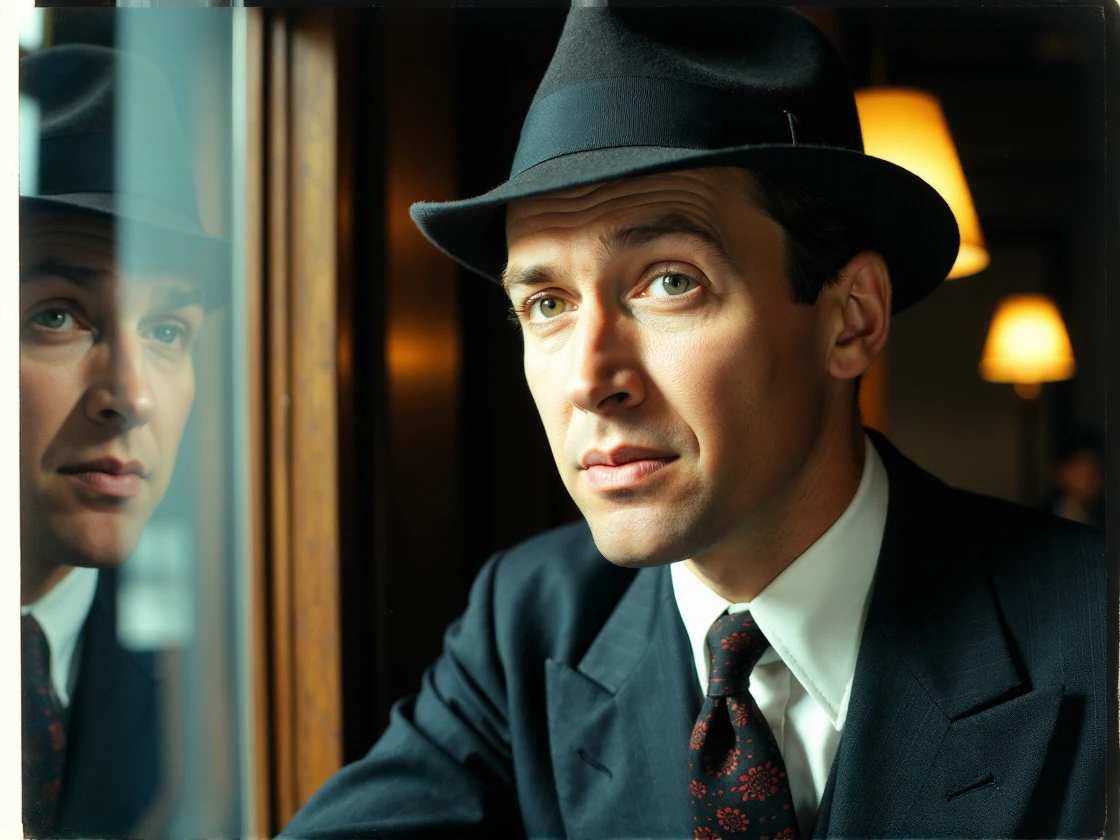 <lora:james-stewart-1940s-000002:1> man, 1940s hat and suit, looking dapper, contemplative, gazing out his office window, light effects, bokeh<lora:zz_s_Polaroid:0.25> polaroid, extreme close-up, zoomed, focus on face, centered, macro shot, face centered, focus on eyes, looking directly at the viewer, looking directly at the camera, making eye contact, looking straight ahead