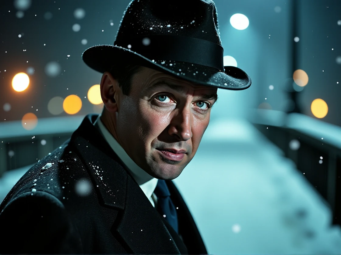 <lora:James_Stewart:1> man, 1940s hat and suit, snow is falling, he stands at the edge of a bridge, he looks distraught, tears streaming down his, nightfall, artificial lighting, shadow effects., extreme close-up, zoomed, focus on face, centered, macro shot, face centered, focus on eyes, looking directly at the viewer, looking directly at the camera, making eye contact, looking straight ahead