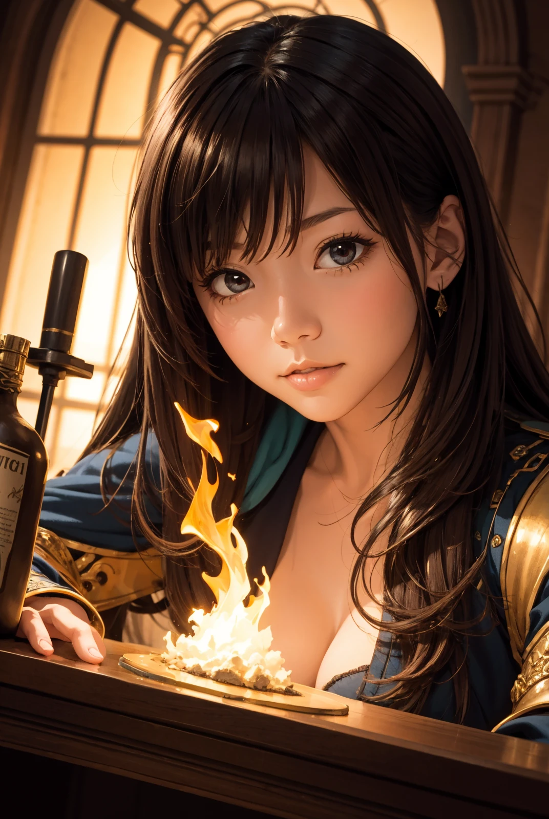 (1girl, looking at viewer, medium wavy hair, diagonal bangs, brown hair), ((masterpiece, best quality, fantasy art, visualized in a vivid fantasy art style, with rich, saturated colors and intricate detailing, high res, 8k, dynamic lighting)), BREAK (from front, close-up, lust aroma, extremely strong love ambient, oiled skin, bronze skin, shiny skin),