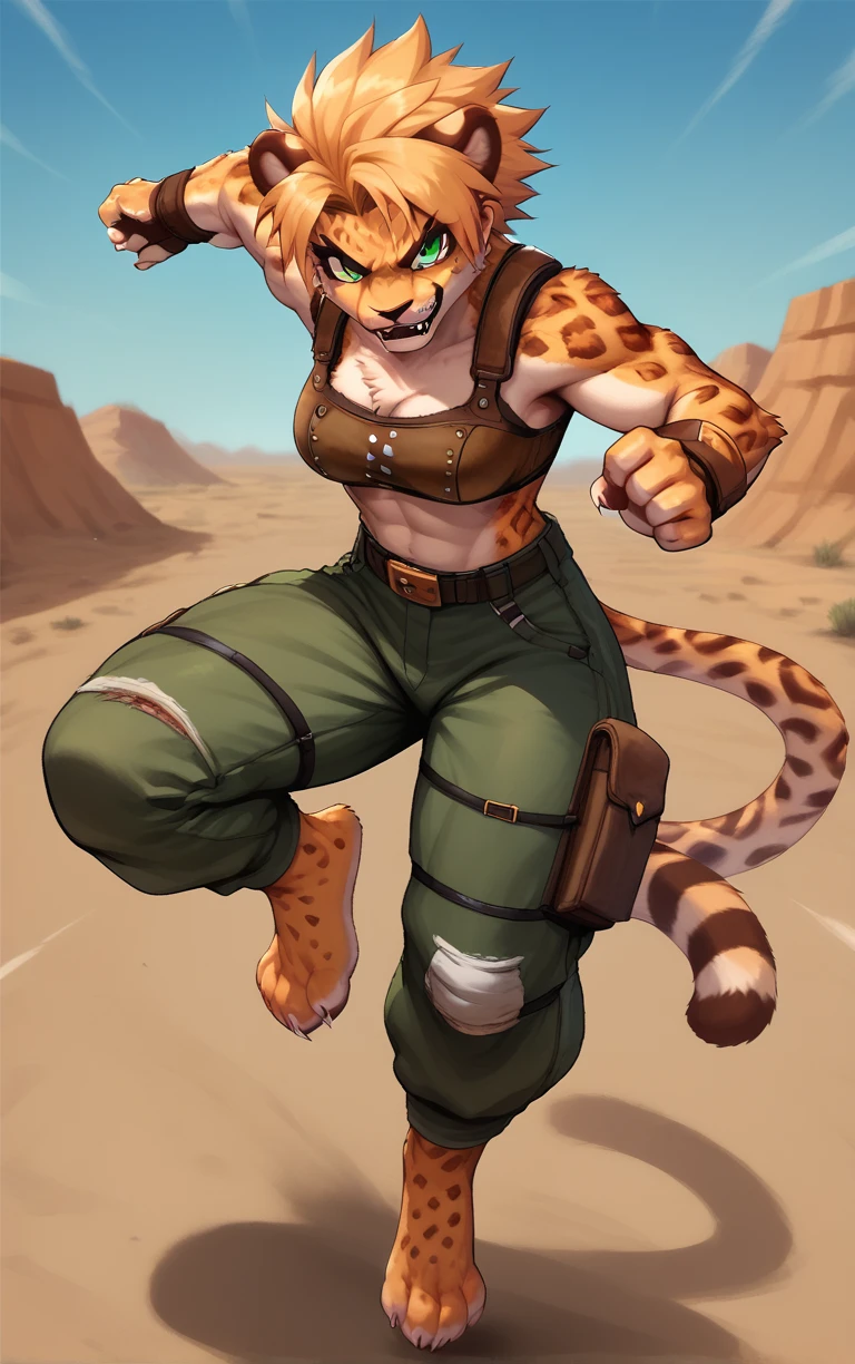 sh1n4half, 1girl, brown leather bra, green pants, leopard feet, leopard tail, belt, spikey hair, bangs, looking at viewer, fighting stance, leaping toward viewer, airborne, winding up for punch, desert background, <lora:shina_3forms-_bloody_roar_v1:0.7>, <lora:PONYXL_LewisArt_ownwaifu:0.5>,  <lora:rane_fluffkevlar_ponyXL_v1.2:0.4>, score_9, score_8_up, score_7_up, score_6_up, score_5_up, score_4_up,