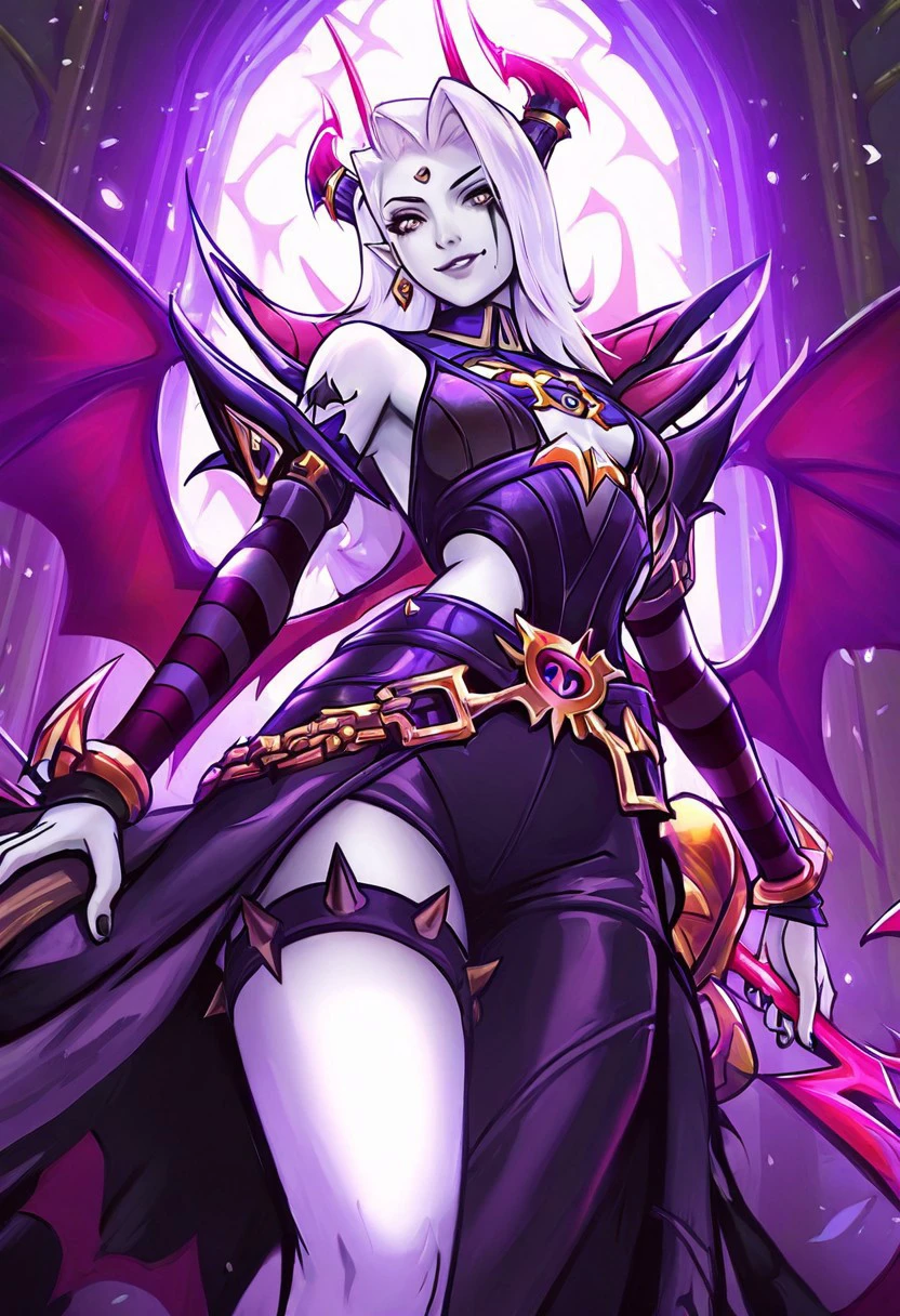 masterpiece, best quality, high resolution, absurdres, SoulFightersStyle-IL.V1.0, SoulFightersStyleSplashArt-IL.V1.0, 1girl, white skin, white colored skin, pale skin, albino, albino skin, horns, demon horns, demon girl, succubus, wings, bat wings, demon wings, goth, goth girl, goth makeup, runny makeup, smile, grin, closed mouth,