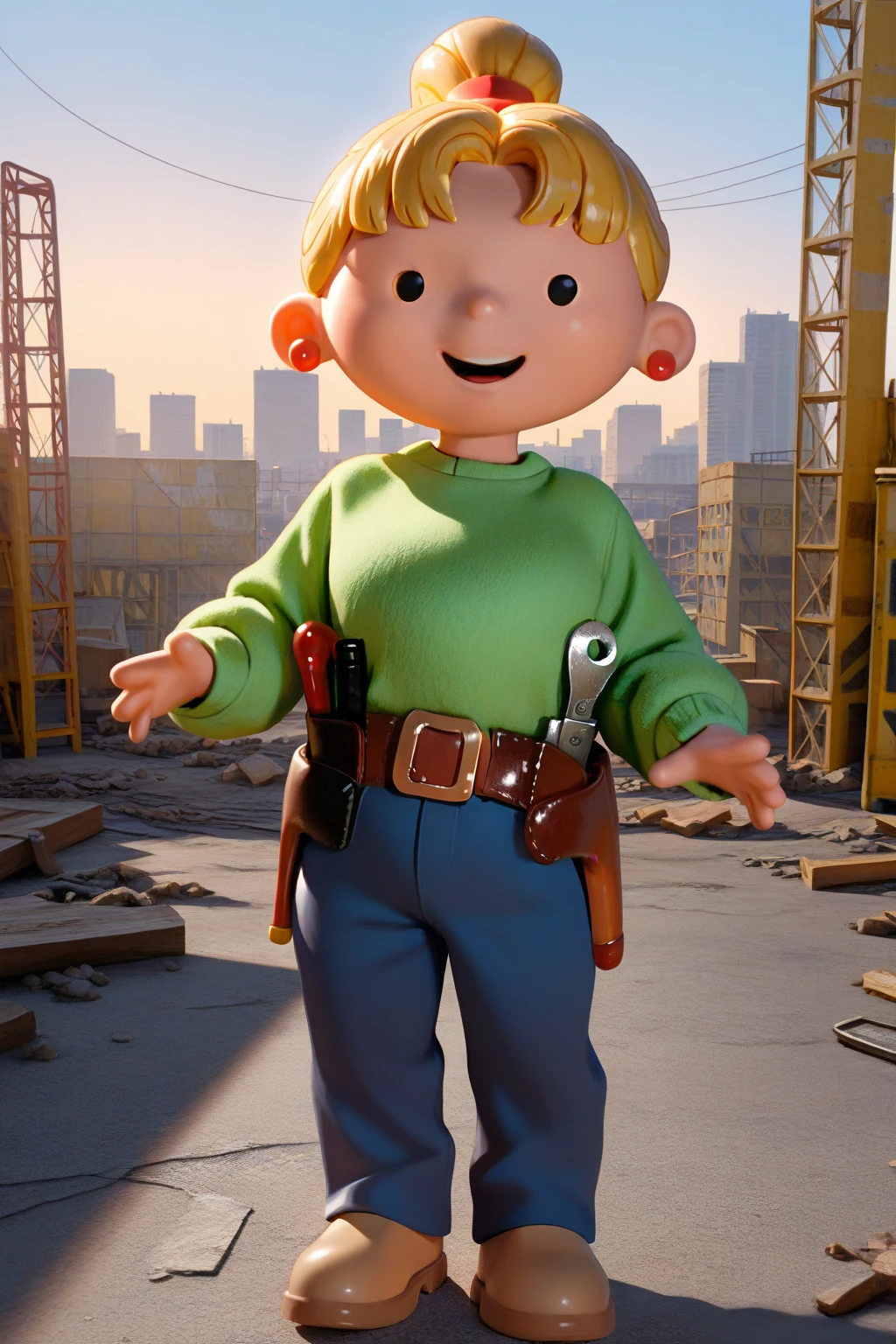 masterpiece, best quality, amazing quality, absurdres, solo, wendythebuilder, smile, open mouth, looking at viewer, dot eyes, blonde hair, ponytail, green sweater, blue pants, tool belt, tools, light brown shoes, outdoors, city, construction site, scaffolding