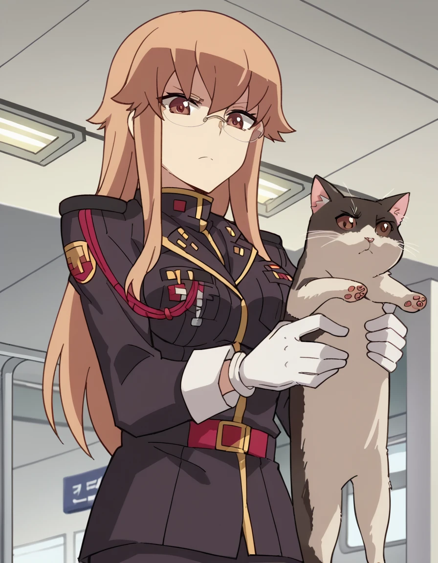 score_9, score_8_up, score_7_up, source_anime, <lora:charlotte-zoom-s1-ponyxl-lora-nochekaiser:1>, charlotte zoom, long hair, brown hair, brown eyes, glasses, sidelocks, large breasts, anime screencap,, gloves, uniform, military, military uniform, airport, planes, passengers, terminal, security, , <lora:longcat-ponyxl-lora-nochekaiser:1> longcat, longcat (meme), armpit carry, meme, holding cat, holding animal, cat, animal, bed room, looking down,, cowboy shot,, looking at viewer, solo,, dutch angle, cowboy shot