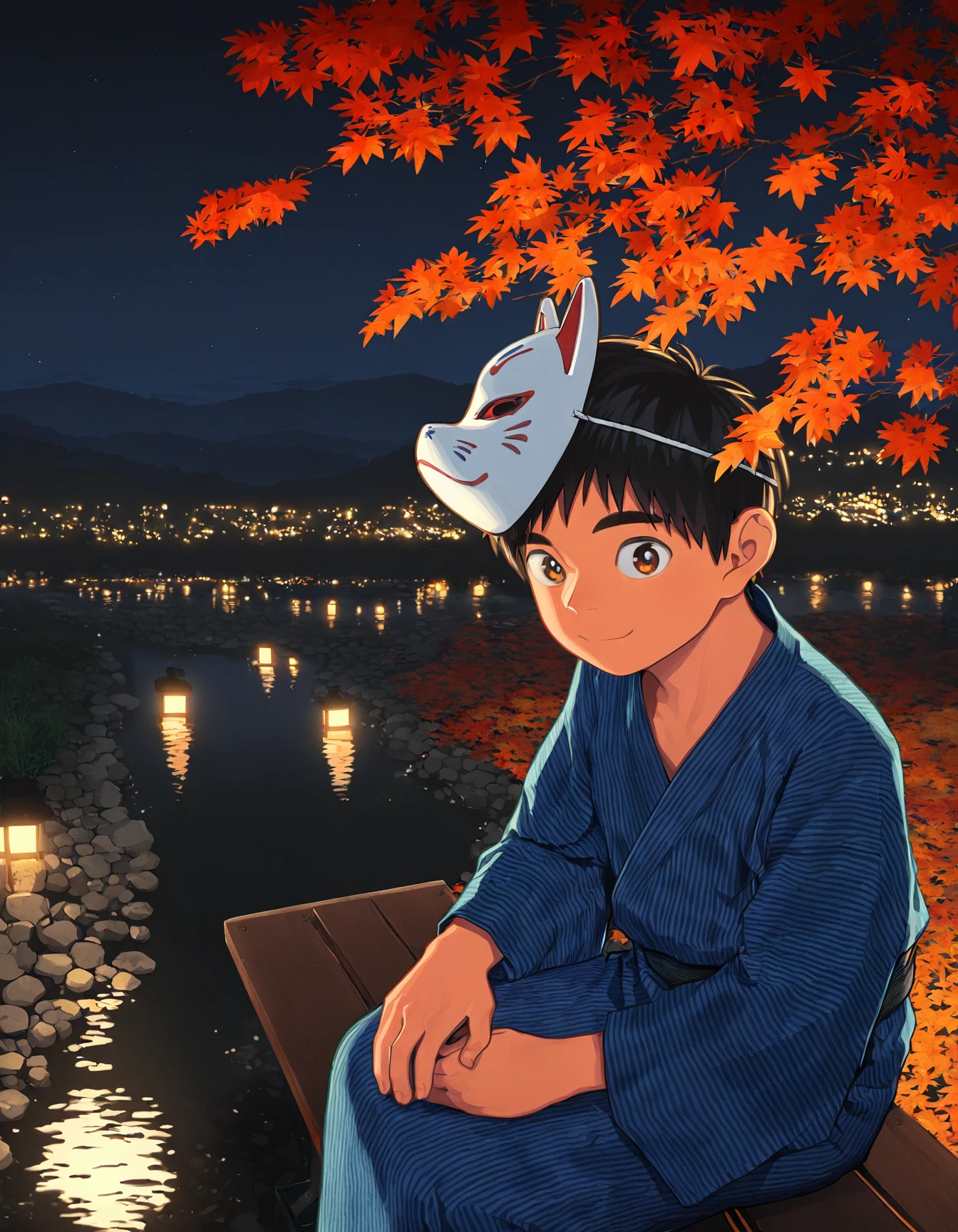 masterpiece, shounenzoom-style, 2020s, outdoors, night sky, moonlight, dark, backlighting, creek, rocks, autumn leaves, 1boy, solo, black hair, brown eyes, closed mouth, smile, looking at viewer, japanese clothes, yukata, sitting on bench, fox mask on head <lora:shounen_zoom-naixl-v7Nc-ShoAI:1>