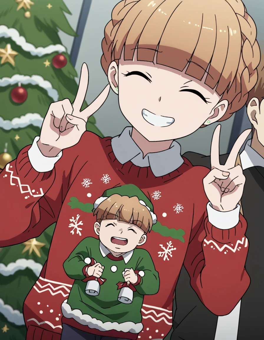 score_9, score_8_up, score_7_up, source_anime, <lora:eddelrittuo-s1-ponyxl-lora-nochekaiser:1>, eddelrittuo, bangs, brown hair, purple eyes, braid, blunt bangs, anime screencap,, <lora:christmas-sweater-ponyxl-lora-nochekaiser:1>, christmas sweater, christmas, ugly sweater, print sweater, red sweater, christmas tree, christmas ornaments, sweater, multicolored sweater, , v, smile, hands up, teeth, closed eyes, cowboy shot,, , dutch angle, cowboy shot