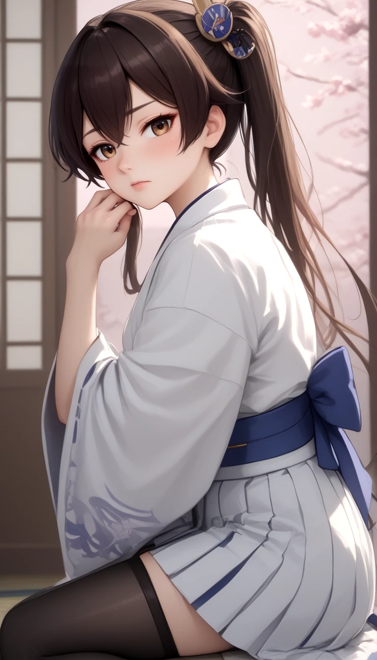 score_9,score_8_up,score_7_up,score_6_up,score_5_up,score_4_up,source_anime,<lora:Add_more_details_V2_XLpony:0.7>,<lora:kaga_kancolle_ponyxl:1>,kaga_kancolle_ponyxl,full_details,1girl,black thighhighs,blue hakama,brown eyes,brown hair,closed mouth,from side,hair between eyes,hakama,hakama skirt,japanese clothes,kimono,light blush,long hair,looking at viewer,muneate,playing with own hair,ribbon-trimmed sleeves,ribbon trim,side ponytail,sitting,skirt,solo,tasuki,thighhighs,white kimono,