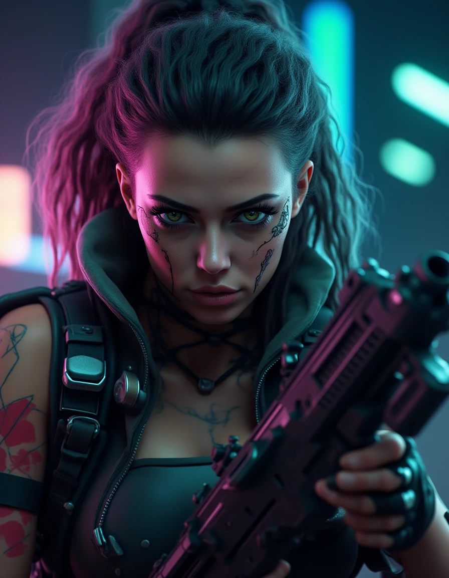 <lora:cyberpunk_512_dev_f1_k:1> a cyber punk scene from a movie, gun man, tattoo, fight