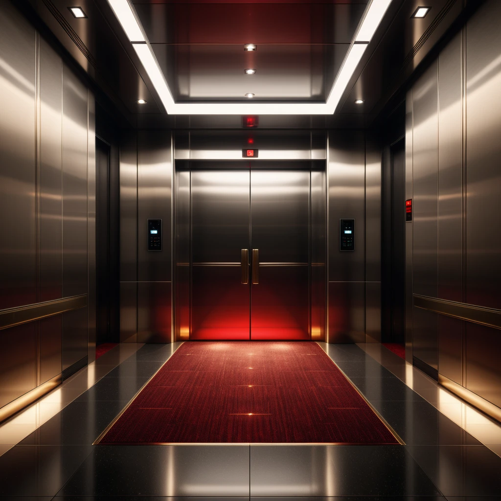 (Simple elevator interior:1.2), Symmetrical composition, Red carpet flooring, (Floor indicator above doors:1.3), Metallic control panel, Polished steel walls, Subtle reflections, (Soft dim lighting:1.2), Shadowed corners, Minimalist details, Subdued ambiance.
<lora:SDXLFaeTastic2400:0.4> <lora:extremely_detailed:0.4> extremely detailed, Masterpiece,best quality,hi res,8k,hi res,8k,award winning,(sharp focus, intricate, highly detailed),