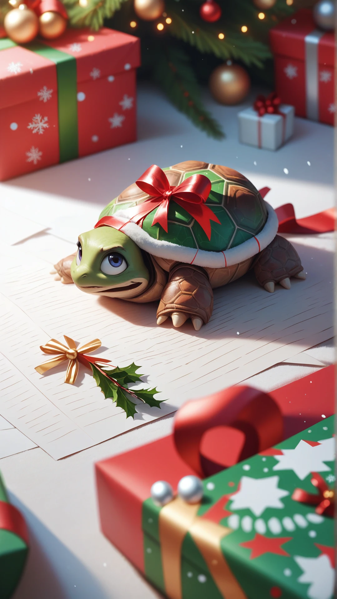 score_9, score_8_up, score_7_up, score_6_up, score_5_up, a ChristmasWrapped turtle. entirely wrapped up in christmas wrapping paper.
<lora:ChristmasWrappedPDXL:0.8>