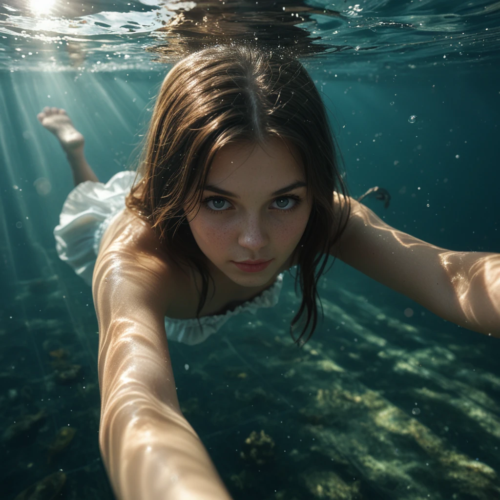 underwater Alice, subsurface, high quality close up dslr snapshot of a woman submerged, high definition film grain photo taken at, 666mm lens, global illumination, bare shoulders, reflections, from above, aerial view, particles, sunrays, make-up, depth of field, 