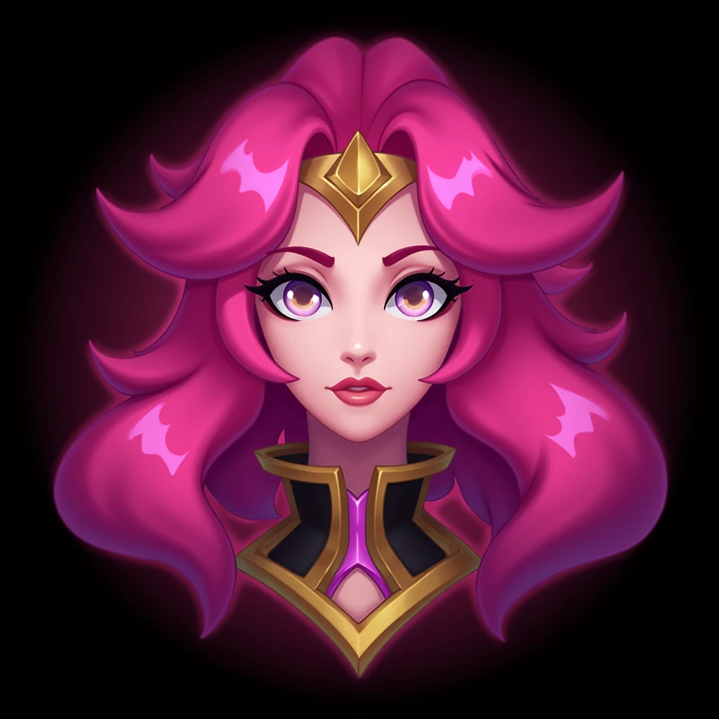 emotelol, 
focus on face, Chiby Sona, graceful, pink hair, serius, radiant, captivating, confident, striking, vibrant, enchanting, majestic, stylish neckline
symetrical, cartoon emote style, detailed, league of legends, stroke, outer glow, black background
