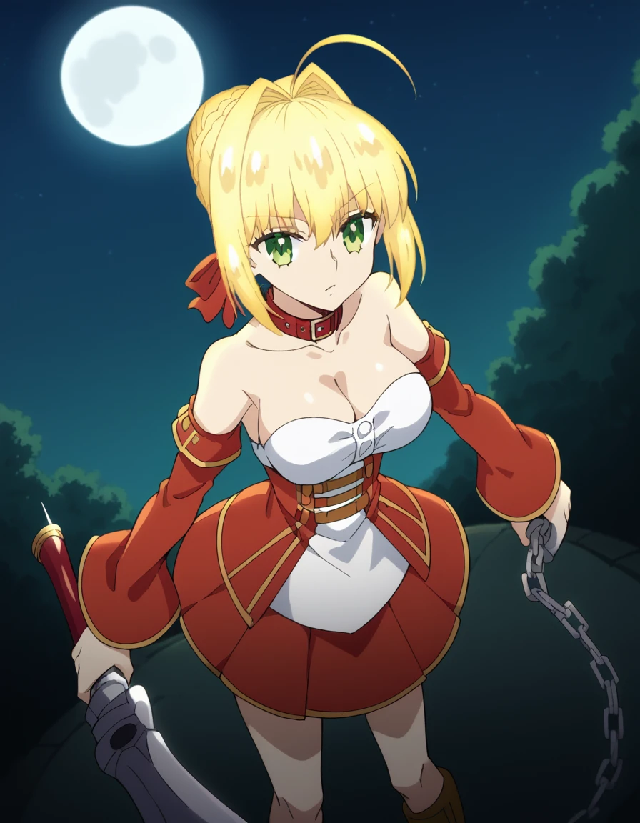 score_9, score_8_up, score_7_up, source_anime, <lora:nero-claudius-extra-s1-ponyxl-lora-nochekaiser:1>, nero claudius, ahoge, blonde hair, green eyes, hair between eyes, hair intakes, large breasts, anime screencap,, <lora:fate-medusa-rider-cosplay-ponyxl-lora-nochekaiser:1>, fate medusa rider cosplay, medusa (rider) (fate) (cosplay), bare shoulders, belt collar, collar, collarbone, detached sleeves, dress, long sleeves, pleated dress, short dress, strapless, strapless dress, zettai ryouiki,, outdoors, night, moon, from above, dagger, holding, holding weapon, chain,, cowboy shot, looking at viewer, , dutch angle, cowboy shot