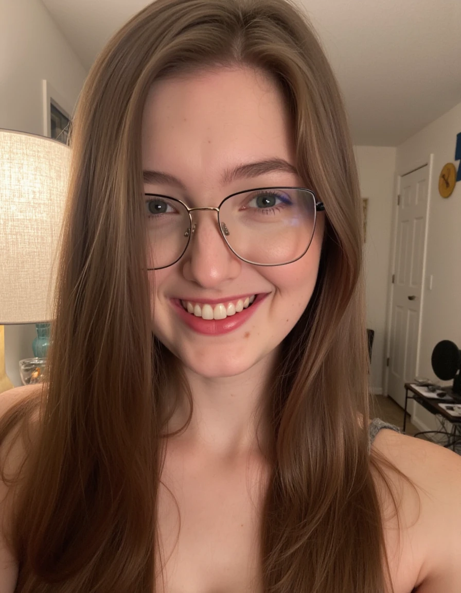 This is a selfie of S0PH14, a beautiful detailed photograph, light makeup, wearing glasses, standing in a room looking at the viewer, lamp light illuminating her face, smiling, showing her teeth.