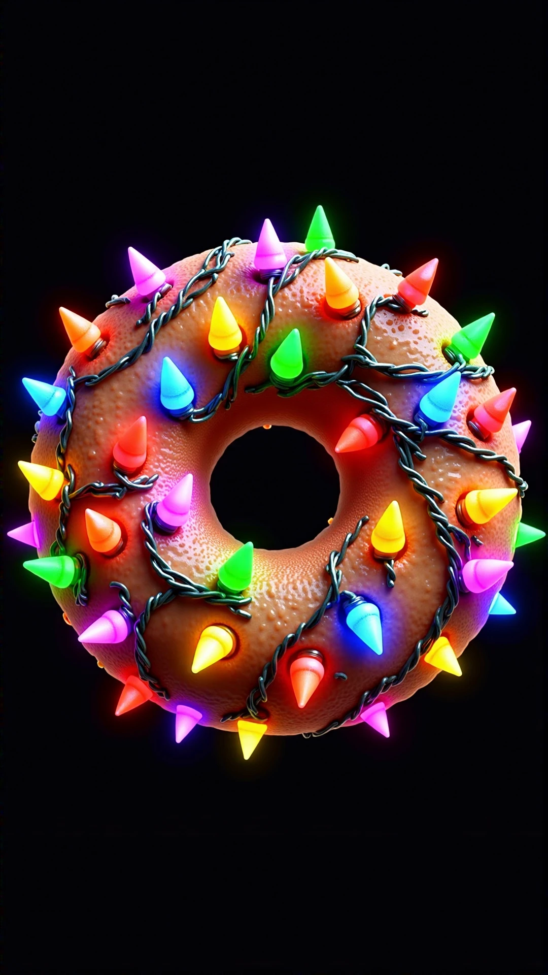 An image of a ChristmasLightsStyle Donut. Covered in rainbow christmas lights, 
<lora:ChristmasLightsStyleFlux:0.8>