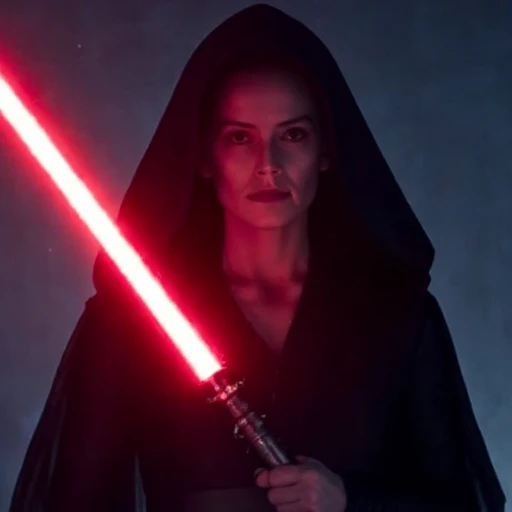 a long, the hood obscuring her face except for a hint of her stern expression. The woman is holding a glowing red lightsaber, specifically from the film "Star Wars: The Last Jedi." It features a close-up shot of Rey, dramatic art style. The subject is a woman with a stern, with a serious expression, flowing robe with a hood, creating a sense of mystery and foreboding., textured