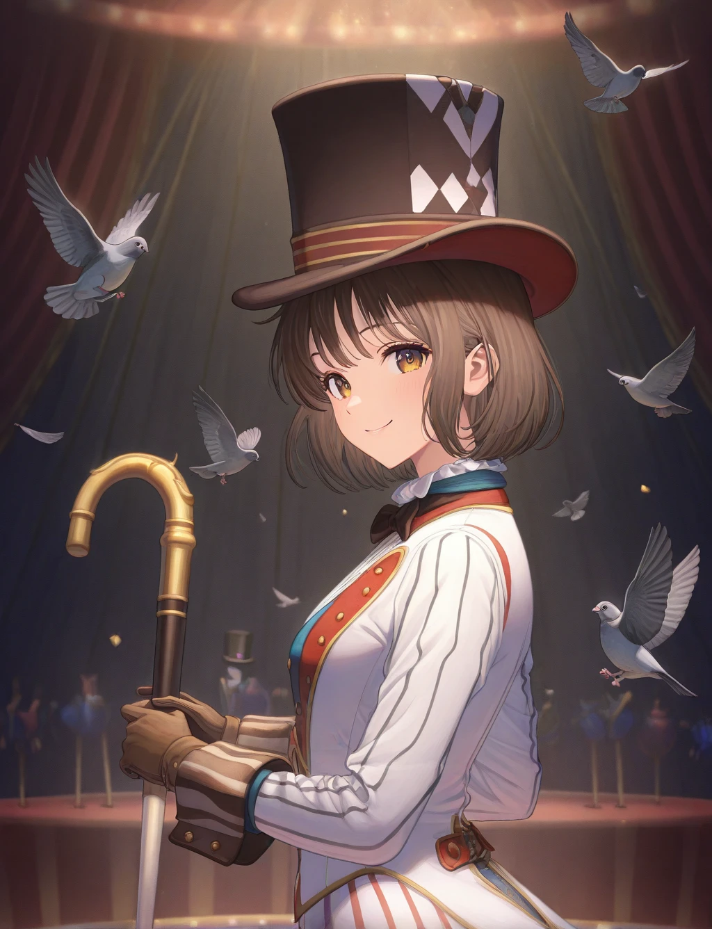 masterpiece,best quality,higres illustration,detailed face,1girl,<lora:IL_circus:1>,circus,smile,upper body,brown hair,short hair,pigeon,white tailcoat,top hat,gloves,holding cane,from side,looking at viewer,solo,