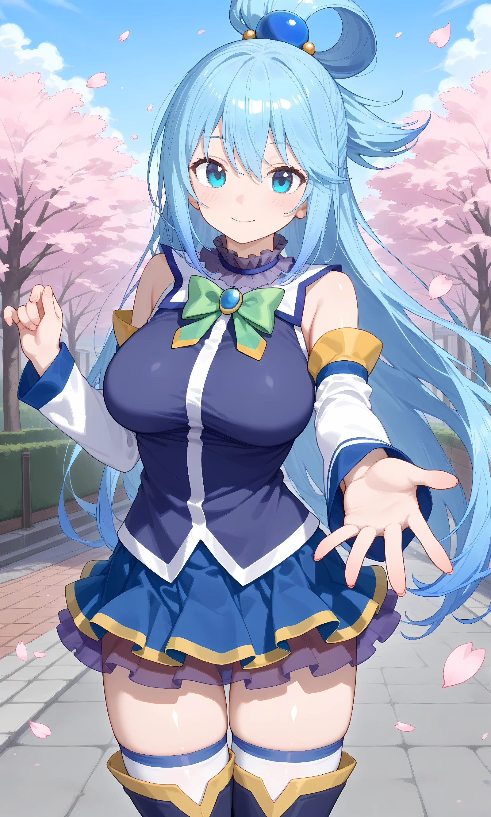 score_9, score_8_up, score_7_up, source_anime, 1girl, solo, outdoors, street, cherry blossoms, cowboy shot, looking at viewer, shiny skin, close-up, looking at viewer, standing, aqua \(konosuba\), blue eyes, blue hair, long hair, hair ring, blue shirt, sleeveless shirt, blue skirt, hair ornament, bare shoulder, green bow, detached sleeves, thighhighs, thigh boots, reaching out  