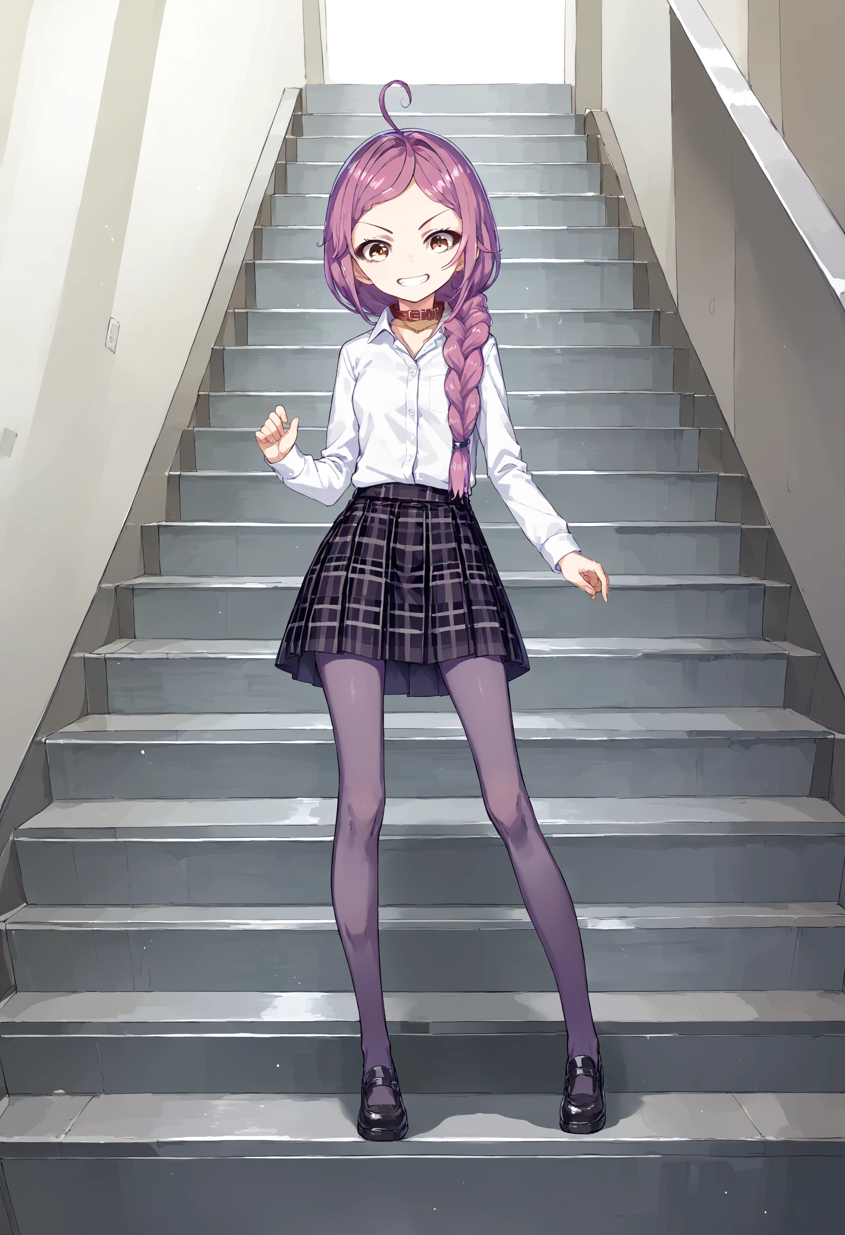 score_9, score_8_up, score_7_up, <lora:Lila_Original_Character-000007>, l1lako1, 1girl, purple hair, single braid, shirt, skirt, collar, pantyhose, grin, standing, anime_source, stairs