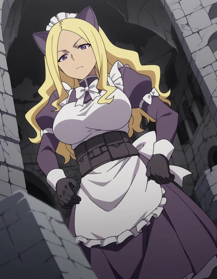 score_9, score_8_up, score_7_up, source_anime, <lora:wydine-uptown-s1-ponyxl-lora-nochekaiser:1>, wydine uptown, long hair, blonde hair, purple eyes, large breasts, anime screencap,, gloves, animal ears, cat ears, maid, maid headdress,, ruins, old, stone, history, fallen, , from below, looking at viewer, solo,, dutch angle, cowboy shot