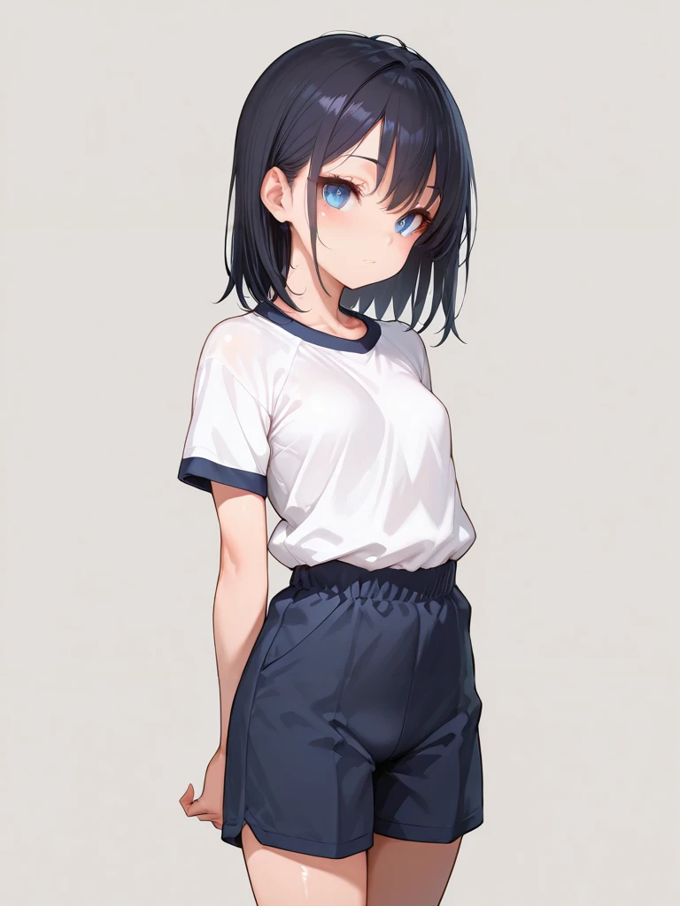 masterpiece,amazing quality,best quality,ultra-detailed,8K,illustration,CG,shiny hair,clear skin,ultra-detailed-eyes,simple background,cute girl, eyelashes <lora:taisoufuku_illustrious_V1.0:1>jyojifuku, white shirt,  short sleeves, shorts, gym uniform