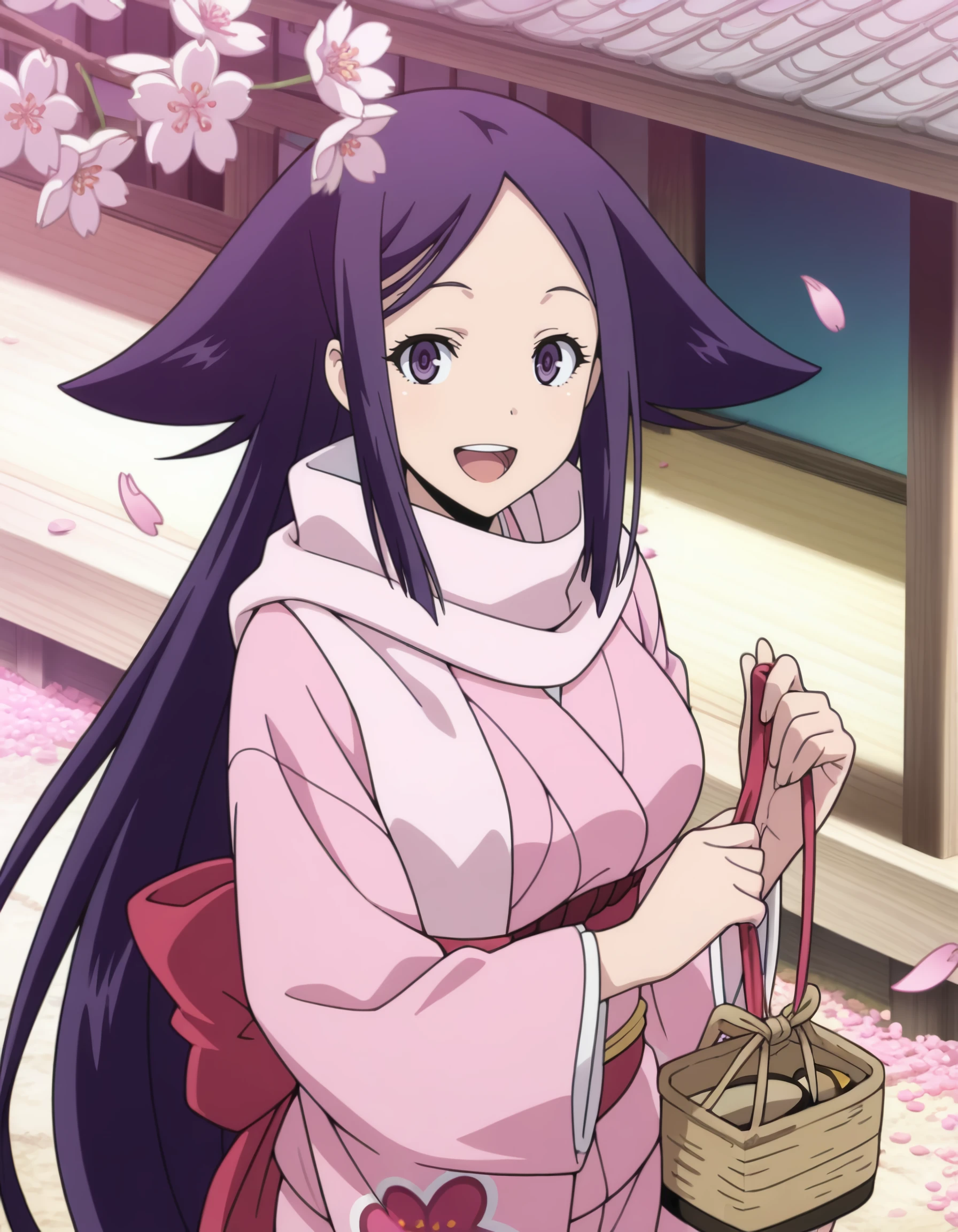 masterpiece, best quality, amazing quality, <lora:mushibugyou_-_haru_il:1> mushibugyou_-_haru, long_hair, purple_hair, purple_eyes, japanese_clothes, pink_kimono, long_sleeves, wide_sleeves, sandals,  1girl, :d, cherry_blossoms, holding, holding_petal, karakusa_(pattern), looking_at_viewer, open_mouth, petals, scarf, smile, solo, teeth, upper_body, upper_teeth_only