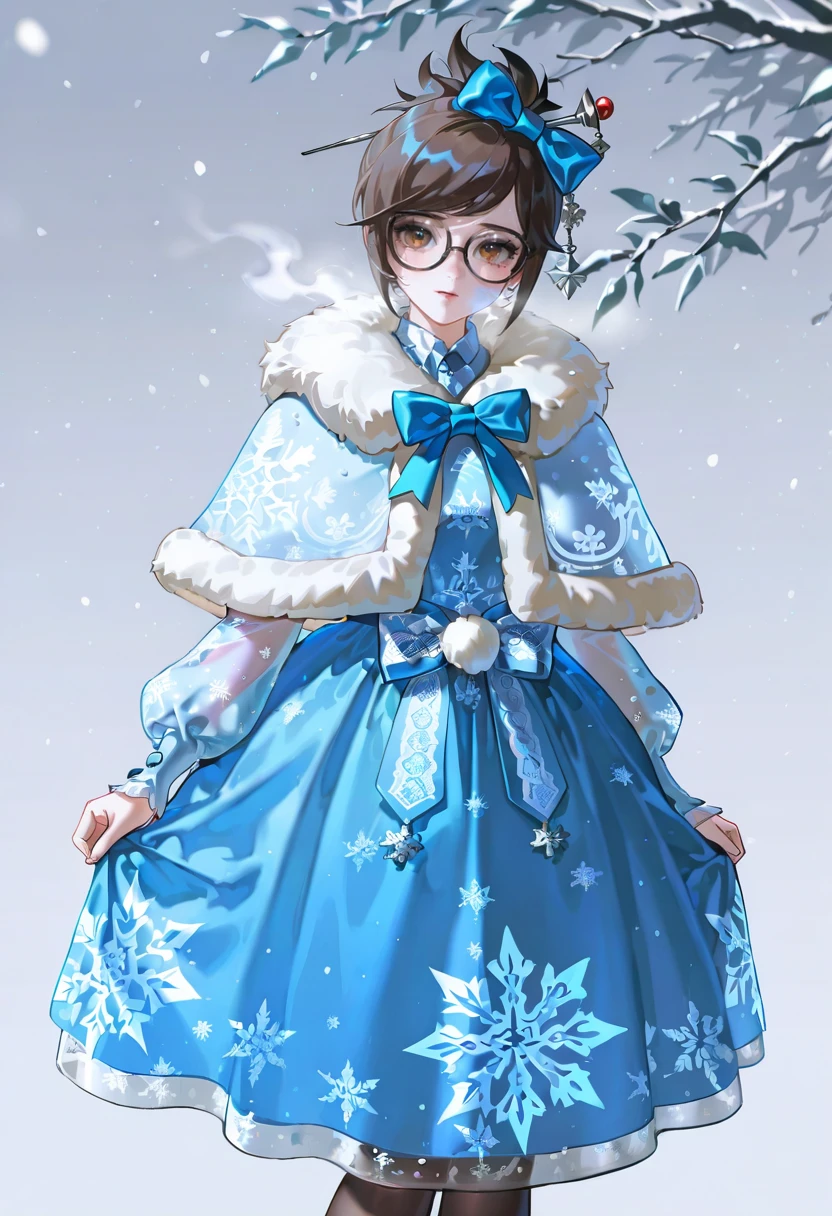 blue smc dress, bow, fur-trimmed capelet,snowflake print,snowing,1girl,solo,konya_karasue,looking at viewer,mei (overwatch)