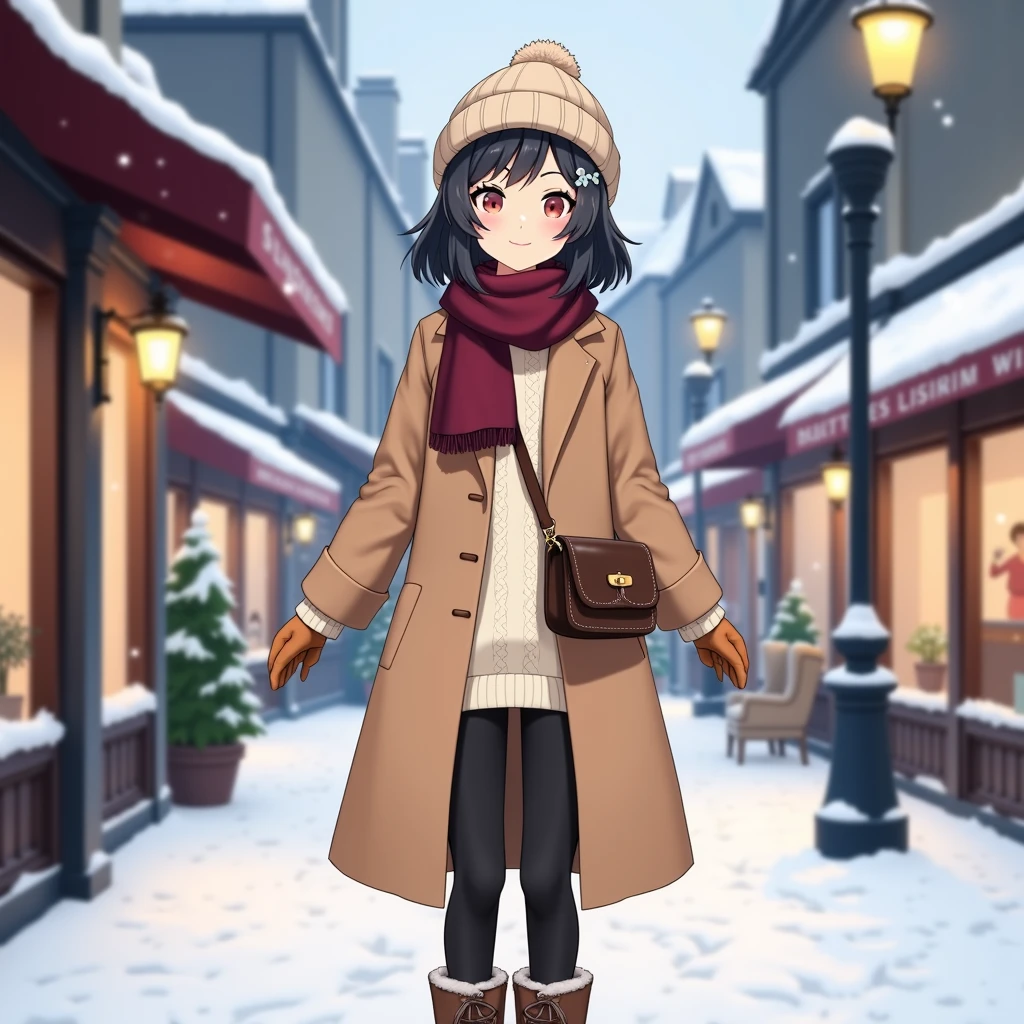 Anime, LilyLinglan. full body,
, 2K, 3K, upscale image, In the image, a young girl with black hair is the central figure. 18yo.
The upper body features an off-white turtleneck wool sweater with delicate knitted patterns, layered with a deep camel mid-length wool coat. The tailored fit and minimalist lapel design exude an elegant temperament, complemented by a thick burgundy wool scarf. The lower body is dressed in black fleece-lined leggings, which are both windproof and leg-flattering, paired with dark brown snow boots lined with wool and equipped with non-slip soles, perfect for winter surfaces. For accessories, camel leather gloves with fine stitching details are chosen, along with a beige knitted hat adorned with a cute pom-pom detail, and finally, a small warm brown crossbody bag.
A snowy urban street with softly falling snowflakes, lined with warm-toned streetlights and cozy storefronts, creating a charming winter atmosphere.
