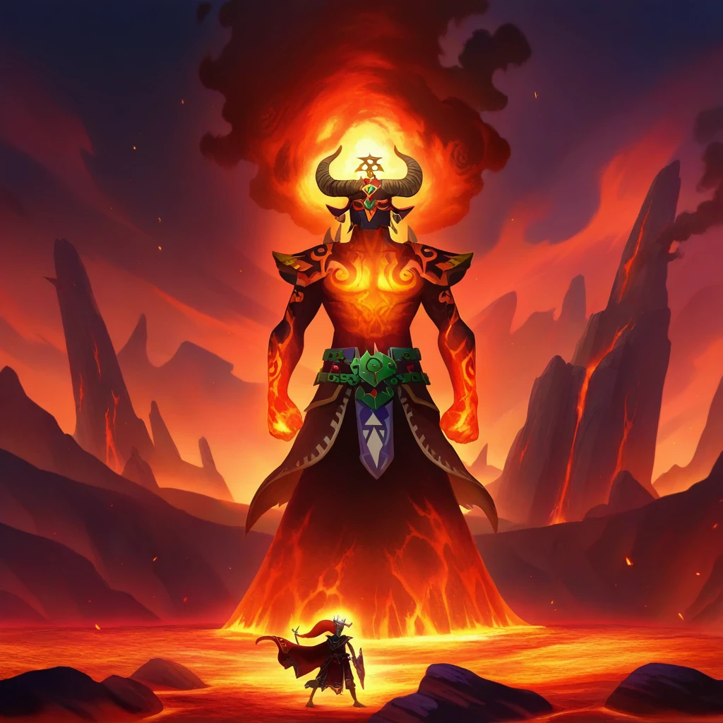 Legend of Zelda style   <lora:Efreeti - illustrious:1> efrx, efreet, towering flame-covered humanoid, molten lava skin glowing with fiery cracks, seated on a throne of black obsidian and molten rock, volcanic chamber, fiery red and orange ambient lighting, smoke and embers in the air, dynamic low-angle shot, intense heat distortion, cinematic fantasy setting . Vibrant, fantasy, detailed, epic, heroic, reminiscent of The Legend of Zelda series