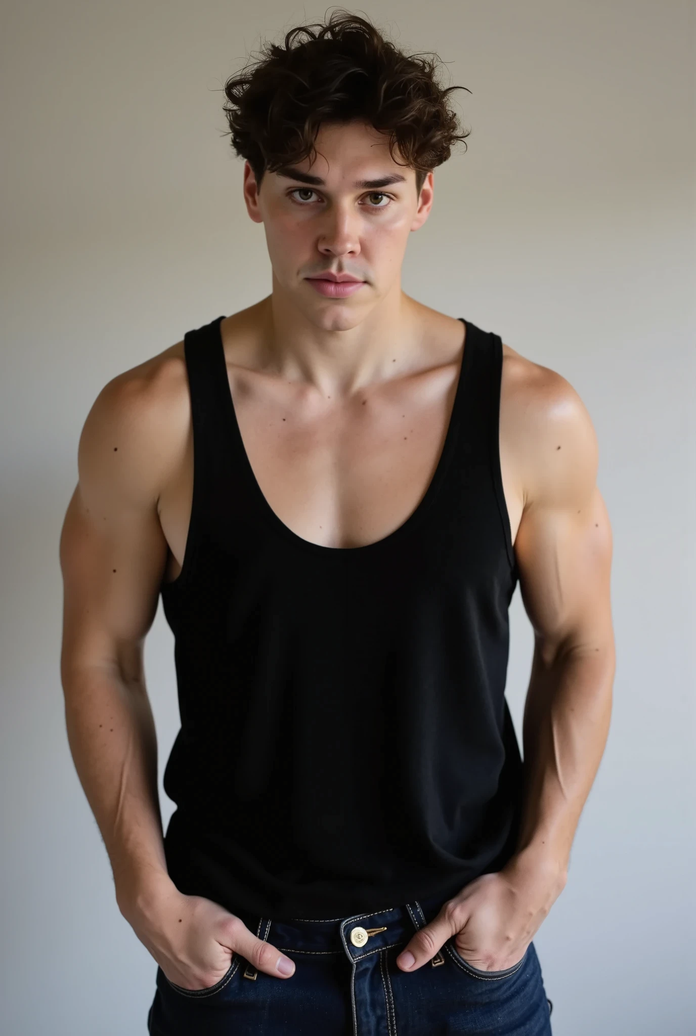 Noah Beck. The image is a photograph of Noah Beck with a light complexion and curly brown hair styled in a messy, tousled manner. He has a strong jawline, full lips, and piercing brown eyes. His facial expression is confident, looking at the viewer. He is wearing a loose, black linen stringer tank top with a casual, yet fitted look, revealing a hint of his chest. He is wearing fitted denim jeans with a black belt.