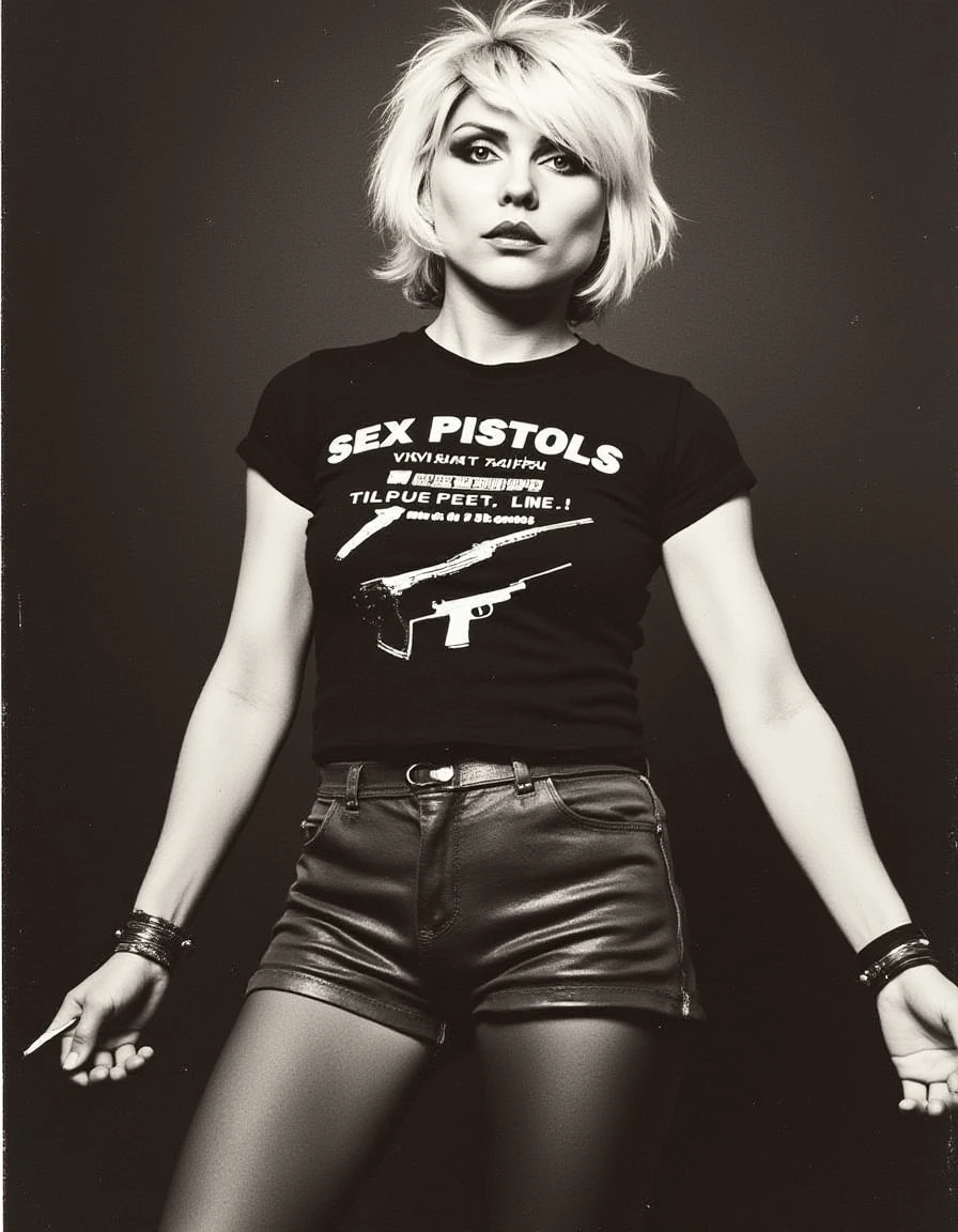 <lora:debbie-harry-blondie-flux:1.1> the, her, woman, and, has dressed as an 80s punk rocker with a "Sex Pistols" t-shirt and stockings and army boots and black makeup color photo