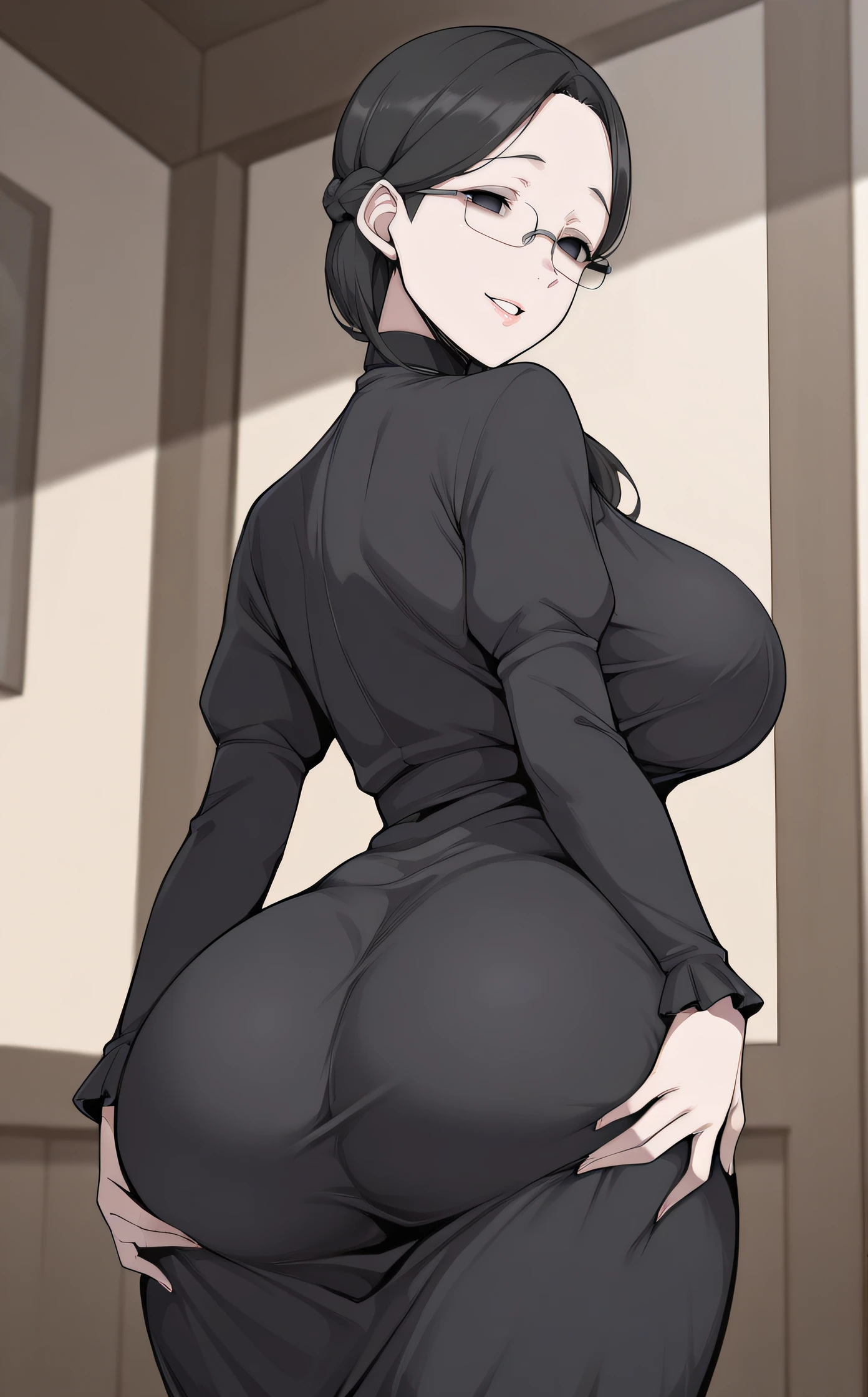 masterpiece, best quality, highres, newest, scenary, 1girl, official style, <lora:Blind_Lady:1>, blind lady, empty eyes, glasses, mature woman, black dress, black collar, taut dress, smile, indoor, looking at viewer, parted lips, from back, grabbing own ass, ass, cowboy shot