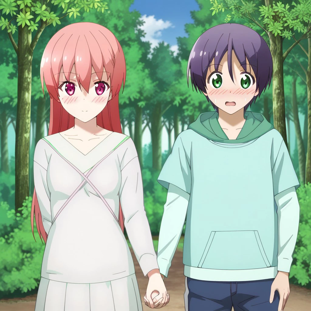 best quality, masterpiece, break, nasa_with_tsukasa, 1boy, 1girl, forest, holding hands, outdoors, looking_at_viewer, blush,