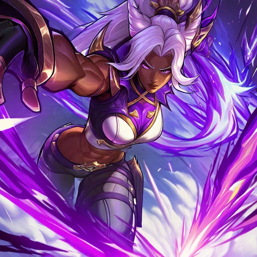 masterpiece, best quality, high resolution, absurdres, SoulFightersStyle-IL.V1.0, SoulFightersStyleSplashArt-IL.V1.0, 1girl, dark-skinned female, white hair, long hair,  muscular female