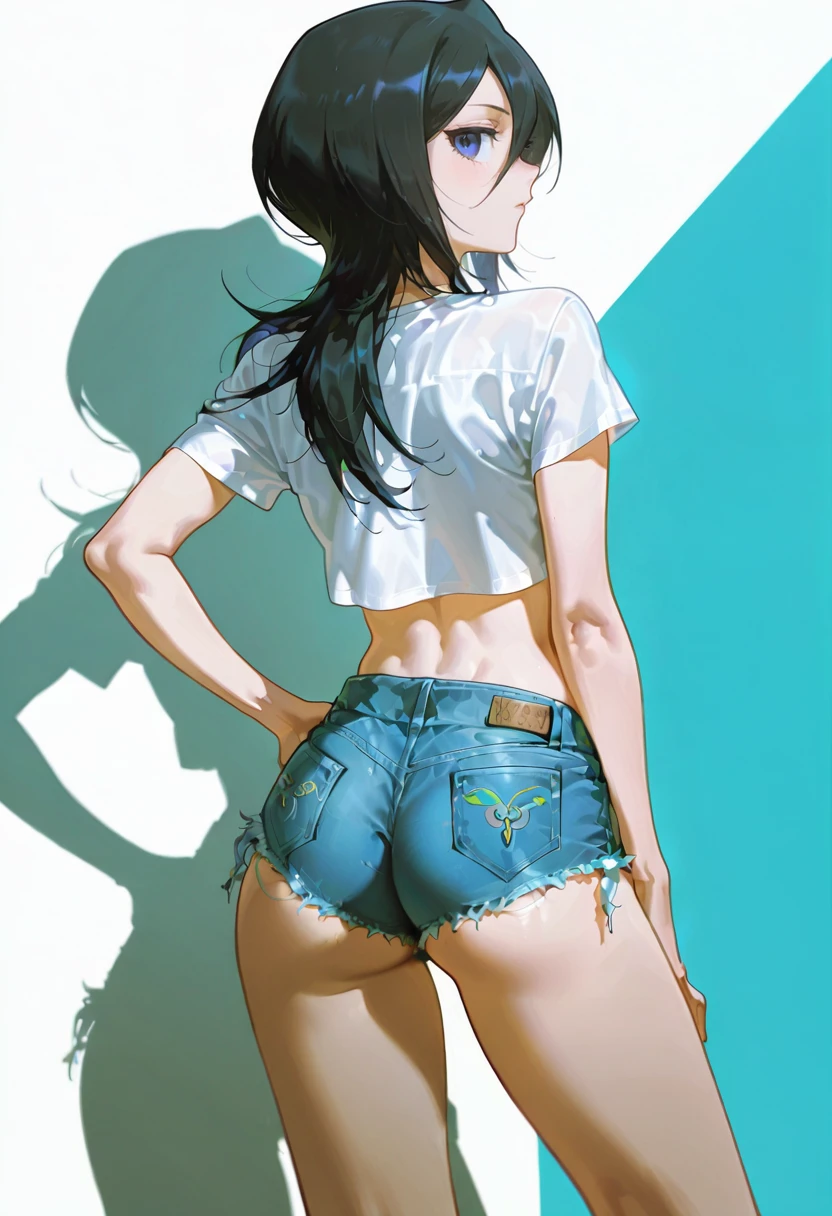 jong,denim shorts,ass,1girl,solo,konya_karasue,kuchiki_rukia