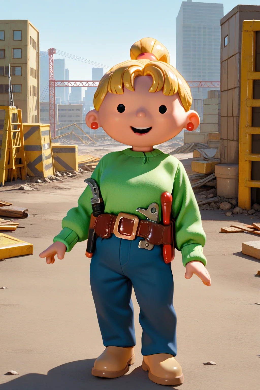 masterpiece, best quality, amazing quality, absurdres, solo, wendythebuilder, smile, open mouth, looking at viewer, dot eyes, blonde hair, ponytail, green sweater, blue pants, tool belt, tools, light brown shoes, outdoors, city, construction site, scaffolding