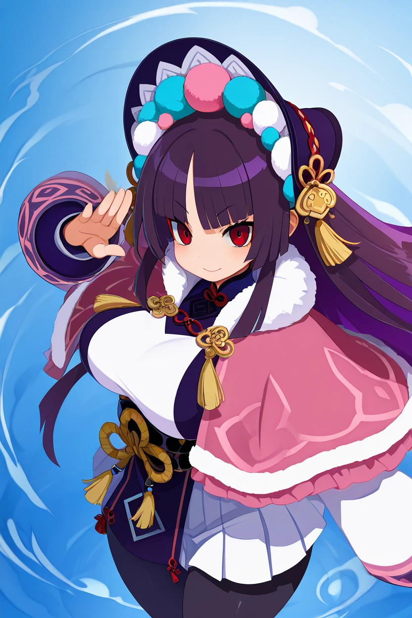 masterpiece, best quality, solo, curvy, beautiful eyes,,<lora:YunjinGenshinIXL:1.0>, zzYunjin, red eyes, red eyeshadow, black hair, hair ornament, long hair, purple hair, eyeshadow, blunt bangs, bonnet, long sleeves, dress, capelet, fur trim, makeup, pink capelet, white skirt, pantyhose,  from above, dynamic pose, cowboy shot, smile, looking at viewer, shiny skin,<lora:HaradaTakehitoIXL_v3:1.3>, <lora:ZankuroIXLLight_v2:0.6>,