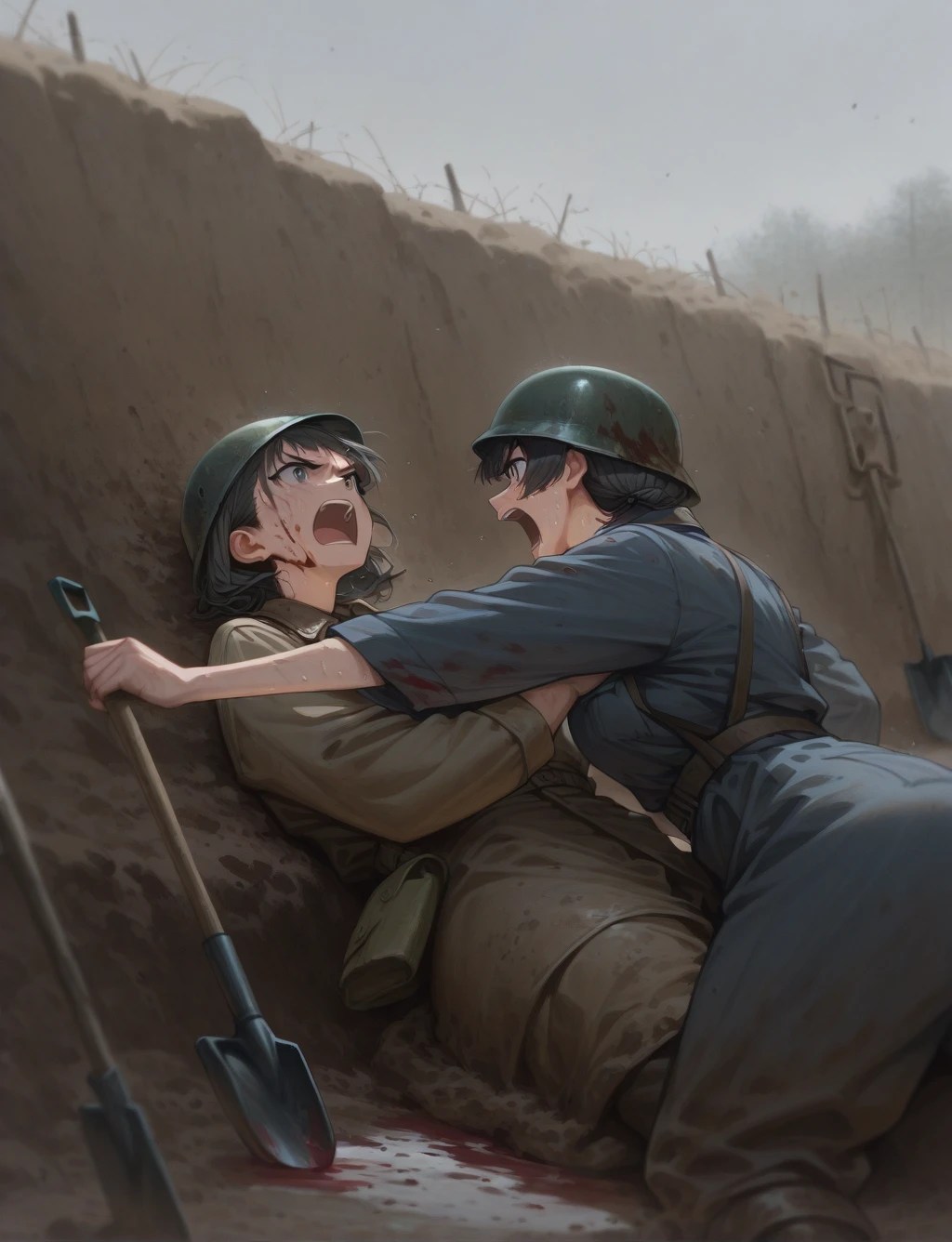 masterpiece,best quality,higres illustration,detailed face,short hair,<lora:trenchwarfare_IL:1>,trench warfare,fighting,blood,gray sky,blood,shovel,upper body,shouting,sweat,riding,grabbing