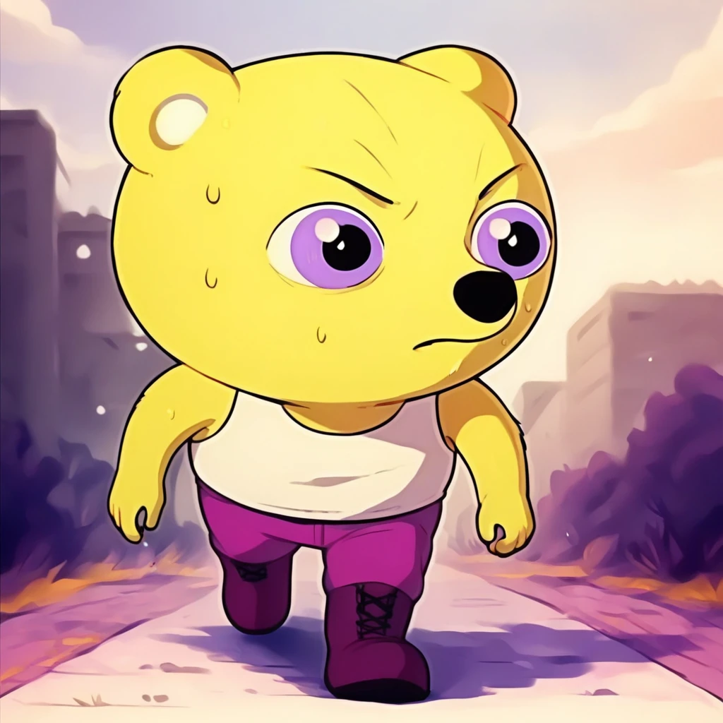 score_8_up, score_9, 1boy, male, solo, bear, yellow fur, purple eyes, tank top, sleeveless shirt, purple pants, boots, sweating, walking,