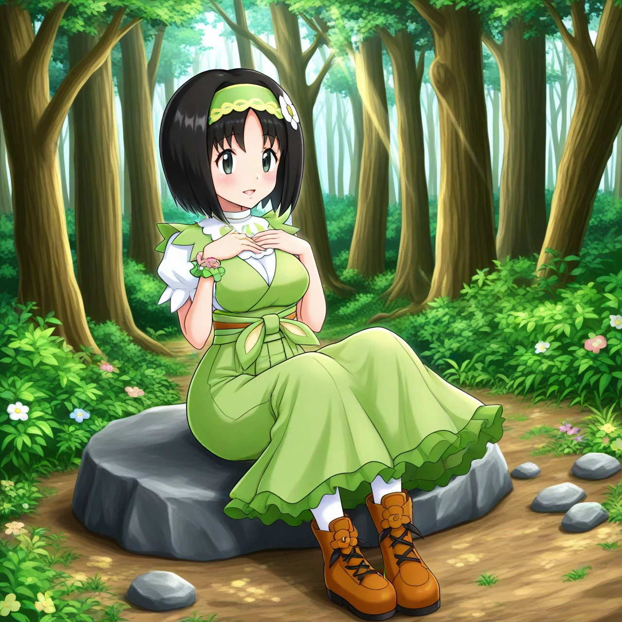 hinosaki, (1girl, solo,) sitting, on a rock, forest, woods, nature, anime,

character age 20, mature female, ,sygerika, erika_\(pokemon\), green_eyes, black_hair, short_hair,green_hairband, hair_flower,dress, green_dress, (short_sleeves), bracelet, white_pantyhose,boots, brown_footwear, 

masterpiece,best quality,amazing quality,very aesthetic,high resolution,ultra-detailed,absurdres,newest,volumetric lighting