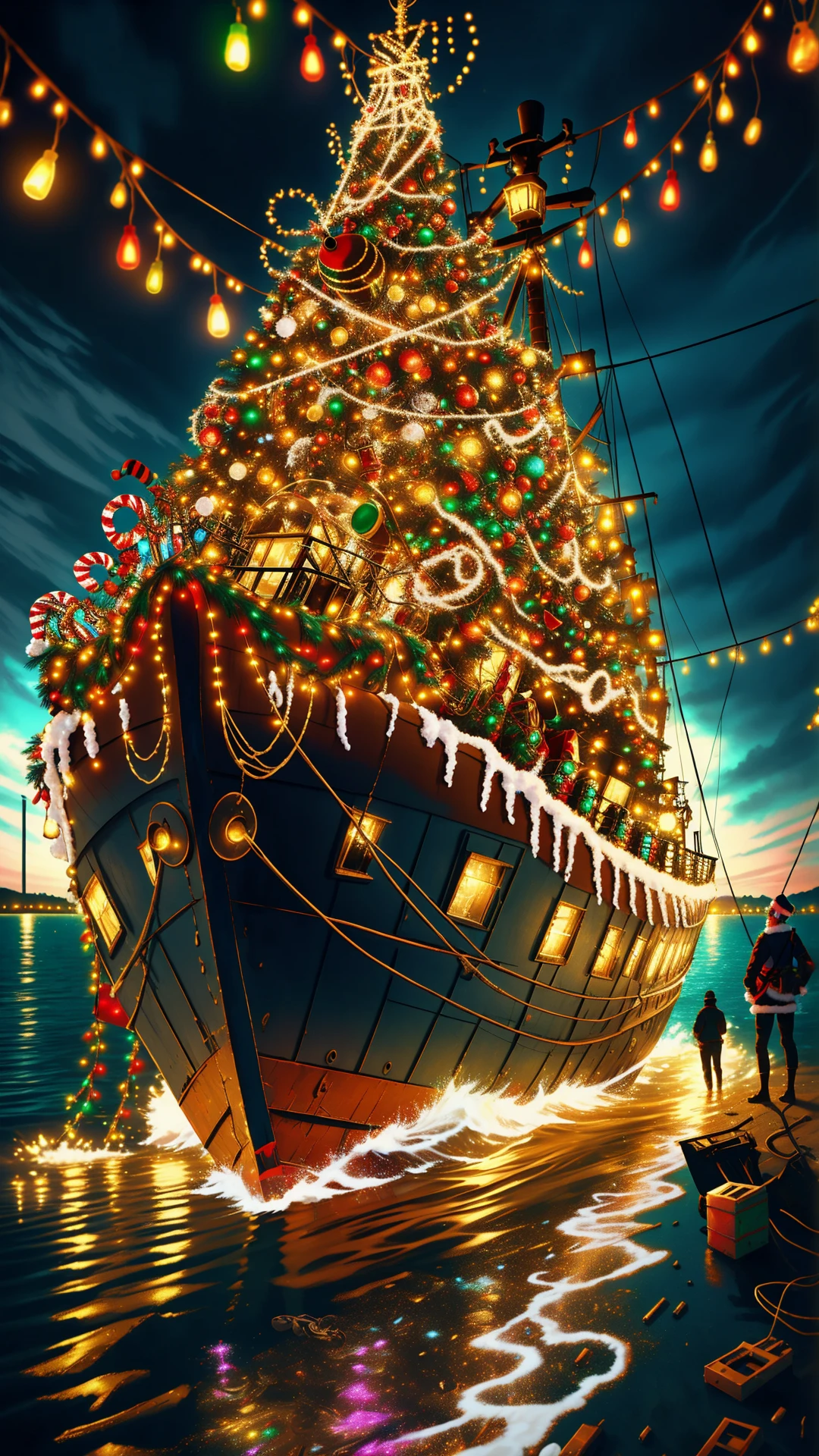 A creative picture of a ChristmasLightsStyle a salvage crew retrieving a safe from a World War II shipwreck. Covered in colorful christmas lights, <lora:ChristmasLightsStyleSD15:0.7>