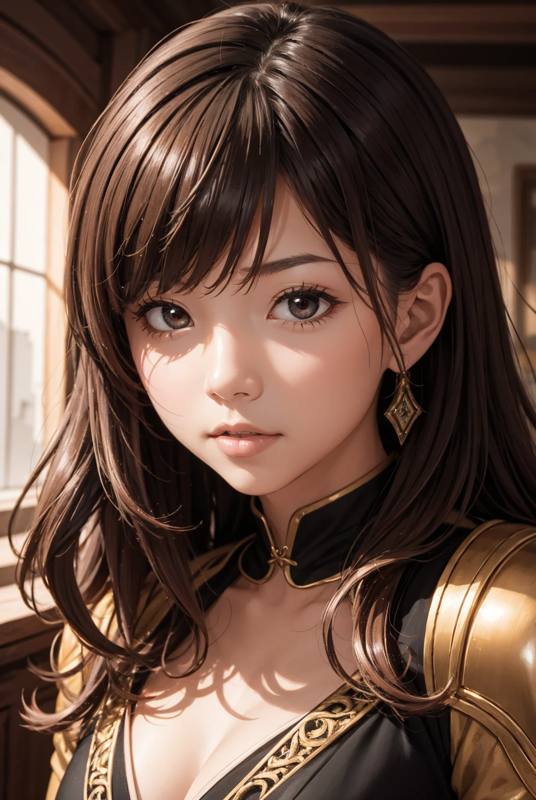 (1girl, looking at viewer, medium wavy hair, diagonal bangs, brown hair), ((masterpiece, best quality, fantasy art, visualized in a vivid fantasy art style, with rich, saturated colors and intricate detailing, high res, 8k, dynamic lighting)), BREAK (from front, close-up, lust aroma, extremely strong love ambient, oiled skin, bronze skin, shiny skin),