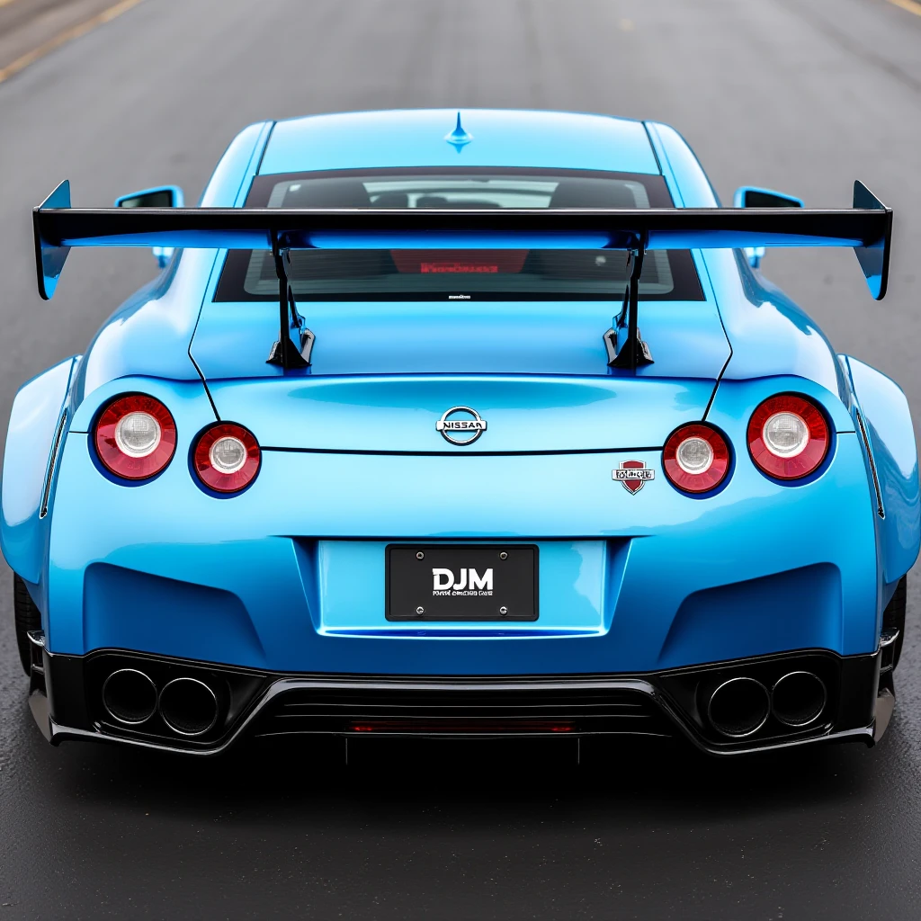 Nissan_GT-R,a high-resolution photograph capturing the rear view of a sleek,light blue sports car,likely a Nissan GT-R. The car's glossy,metallic paint reflects the surrounding environment,giving it a polished and dynamic appearance. The vehicle's rear end features dual exhausts,prominent diffusers,and a large,aerodynamic wing that extends upward. The license plate,located in the center of the rear bumper,reads "DJM" and "DJM 230x" with additional text underneath. The car's taillights are red,with a modern,angular design that complements the car's overall aesthetic.,