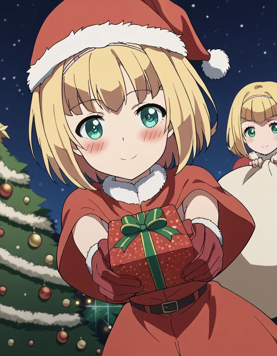 score_9, score_8_up, score_7_up, source_anime, <lora:milinda-brantini-s1-ponyxl-lora-nochekaiser:1>, milinda brantini, short hair, blonde hair, green eyes, hairband, anime screencap,, <lora:santa-costume-ponyxl-lora-nochekaiser:1>, santa costume, santa hat, christmas, sack, merry christmas, gift, fur-trimmed headwear, holding sack, santa dress, fur-trimmed dress, christmas tree, christmas tree, fur trim, red capelet, gift box, red gloves, fur-trimmed capelet, santa gloves, red hat, hat,, smile, blush, looking at viewer, <lora:incoming-gift-ponyxl-lora-nochekaiser:1>, incoming gift, outstretched arms, holding, holding gift, gift, gift box,, , dutch angle, cowboy shot