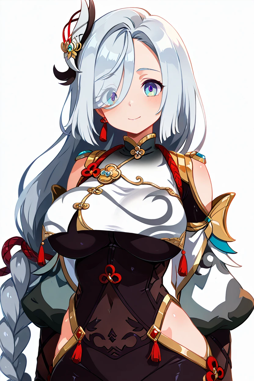 masterpiece, best quality, solo, curvy, beautiful eyes,,<lora:ShenheGenshinIXL:1.0>, zzShenhe, blue eyes, eyes visible through hair, hair over one eye, braided ponytail, grey hair, hair ornament, long hair, white hair, large breasts, very long hair, braid, tassel, gloves, bodysuit, jewelry, breast curtain, black bodysuit, upper body, smile, looking at viewer, shiny skin,<lora:HaradaTakehitoIXL_v3:1.3>, <lora:ZankuroIXLLight_v2:0.6>,