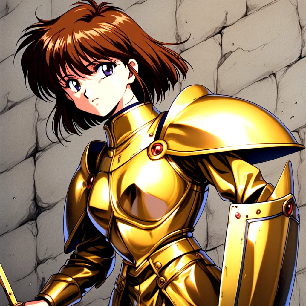 1990's PC, 1990s_(style), masterpiece, best quality, shield, brown_hair, holding_sword, gold armor, (detailed_face, detailed_eyes:1), <lora:1990sPCstyle_IL_v4:0.5>